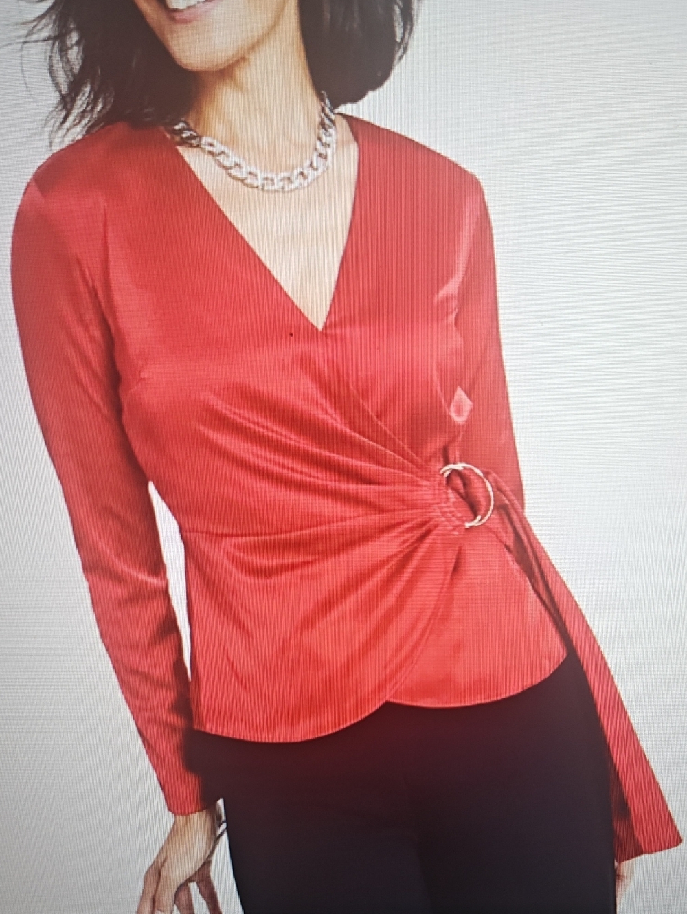 INC Women’s Red Wrap-Front Long Sleeve Satin Top With Metal O-ring Detailed Side